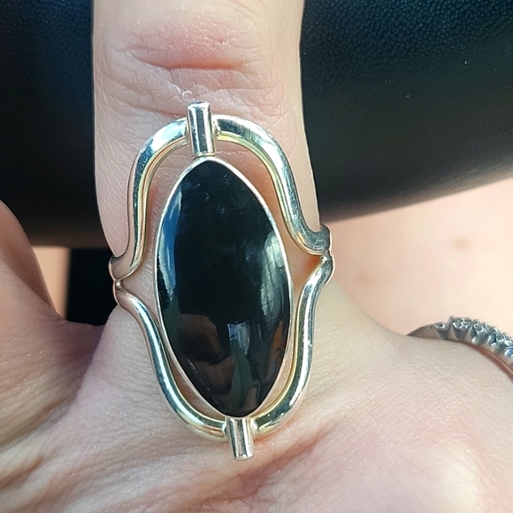 Sterling silver 925 sz 8 1/2 turquoise black onyx spin ring w/ a double row band - Picture 4 of 9